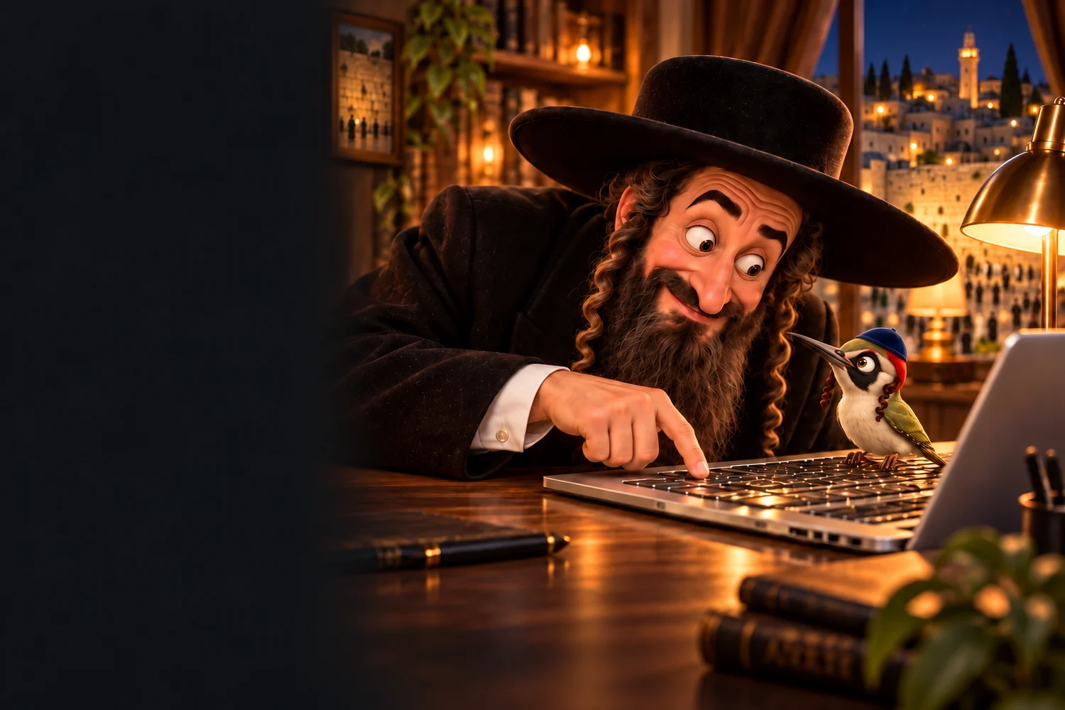 Rabbi Jacob cherche une touche sur son clavier sous le regard moqueur de Pivert.