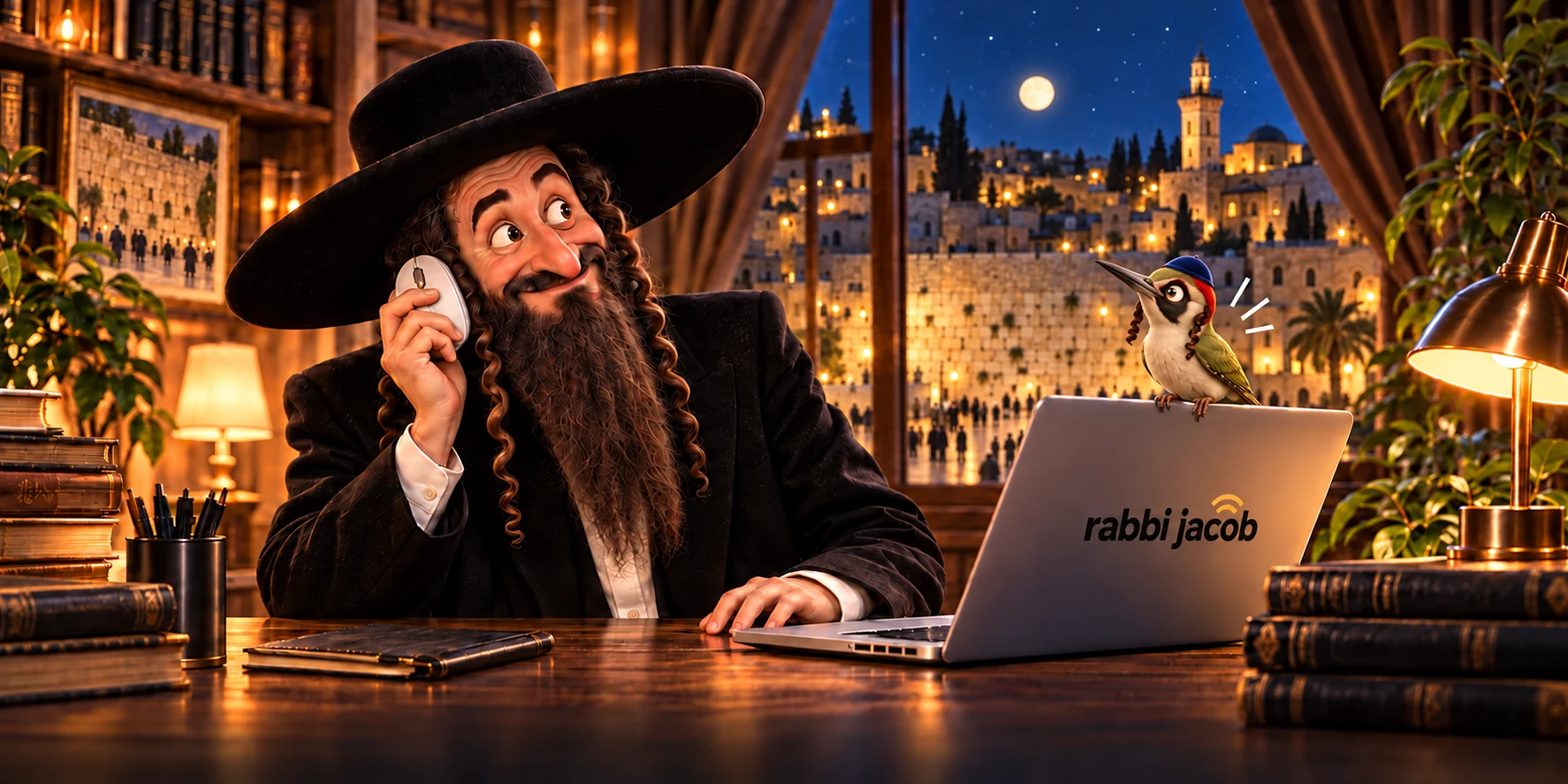 Rabbi Jacob prend sa souris pour un téléphone. Pivert, kippa et papillotes, le regarde depuis l’ordinateur marqué Rabbi Jacob.