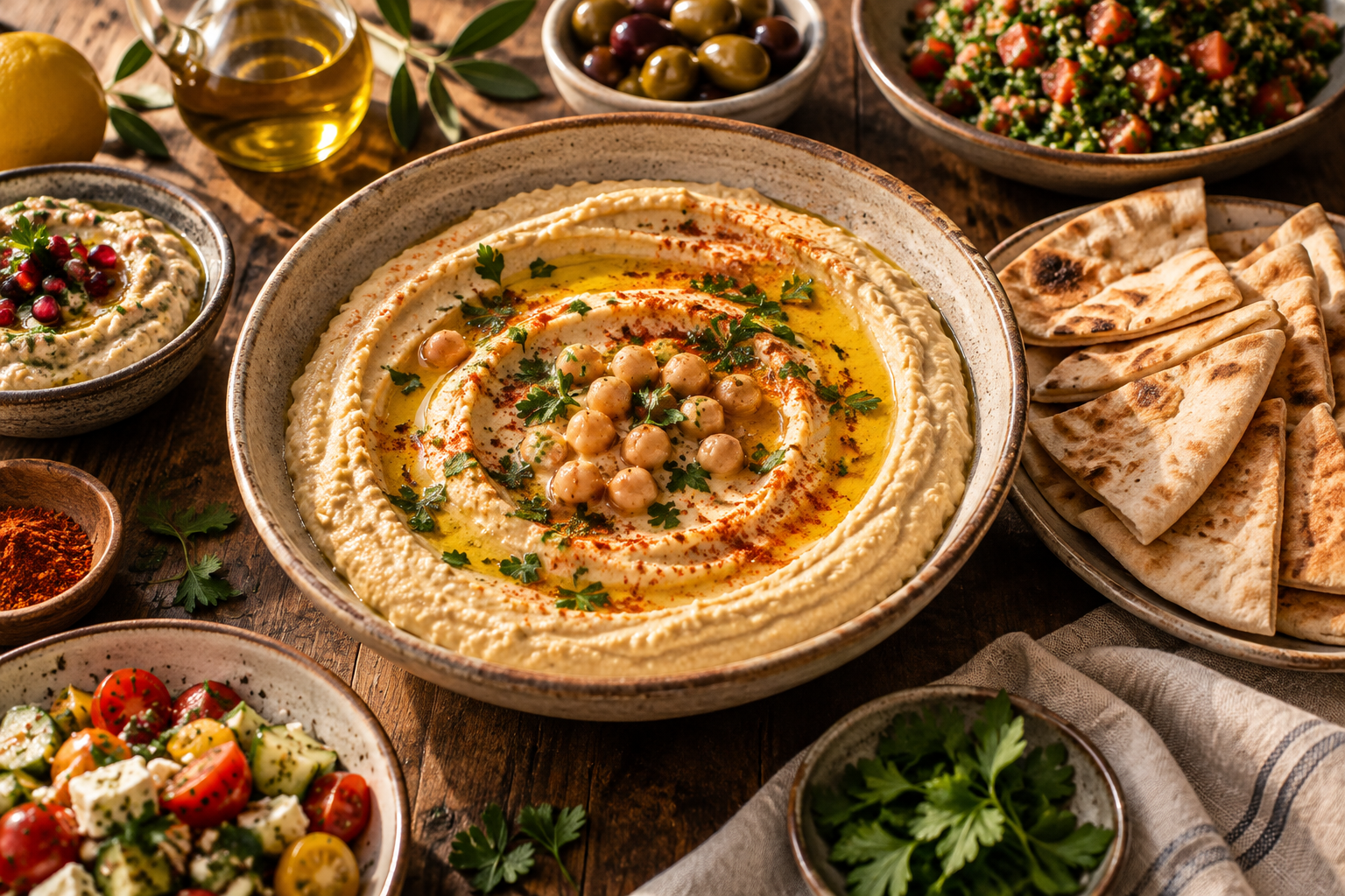 Bol de houmous avec huile d’olive, pois chiches, paprika et pain pita